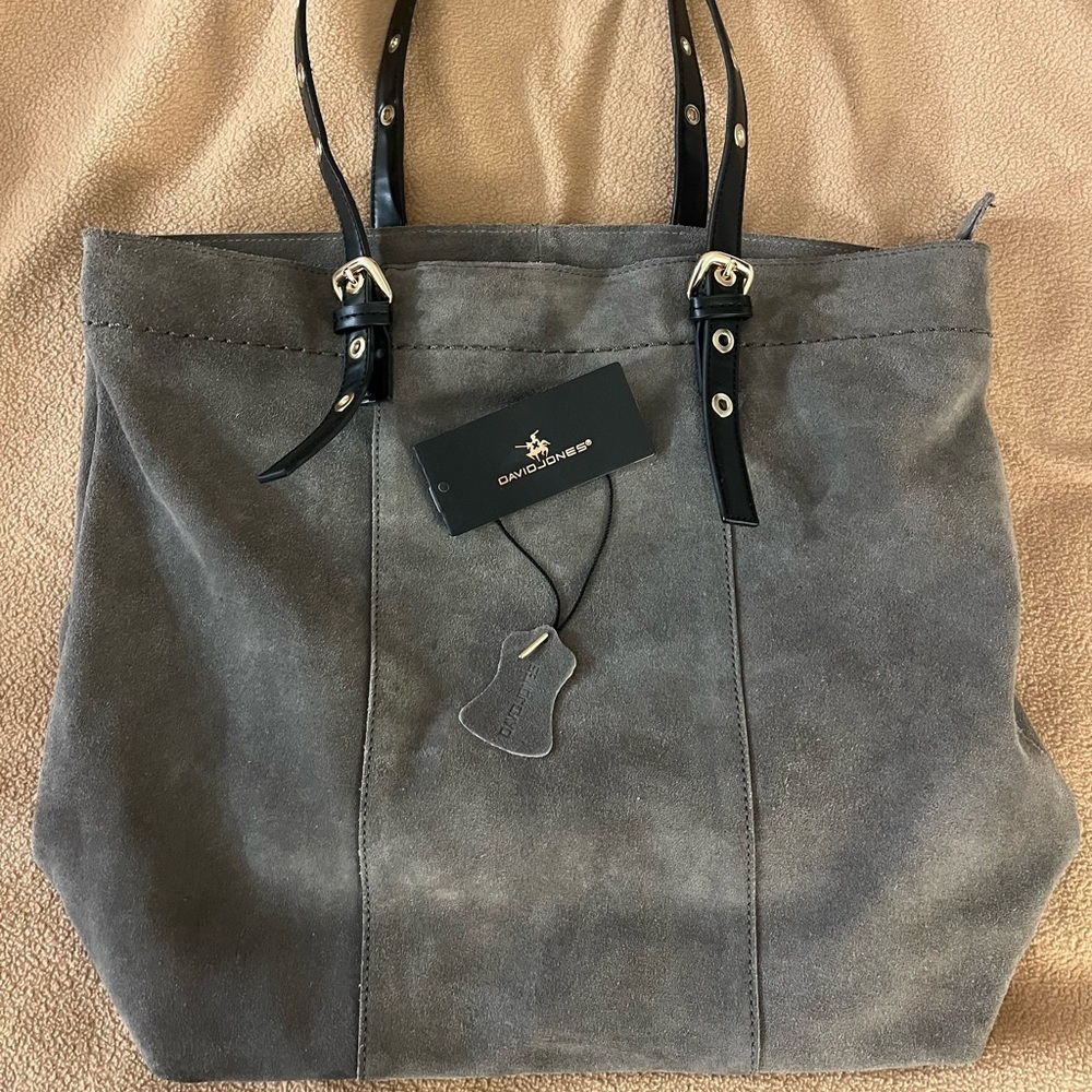 David Jones Gray Suede Tote with Black Straps